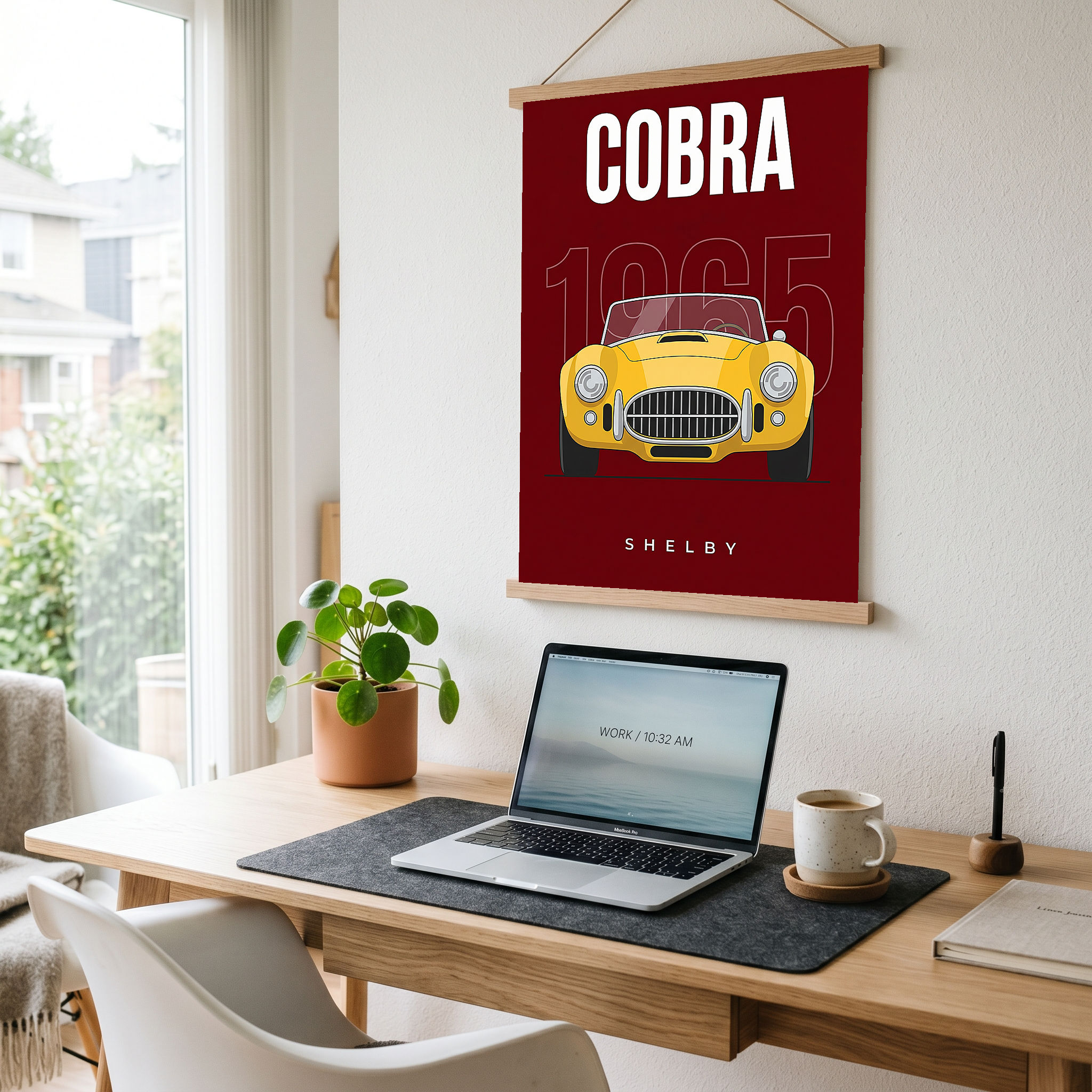 Shelby Cobra 1965 Minimalist Poster — Burgundy Roadster Line Art