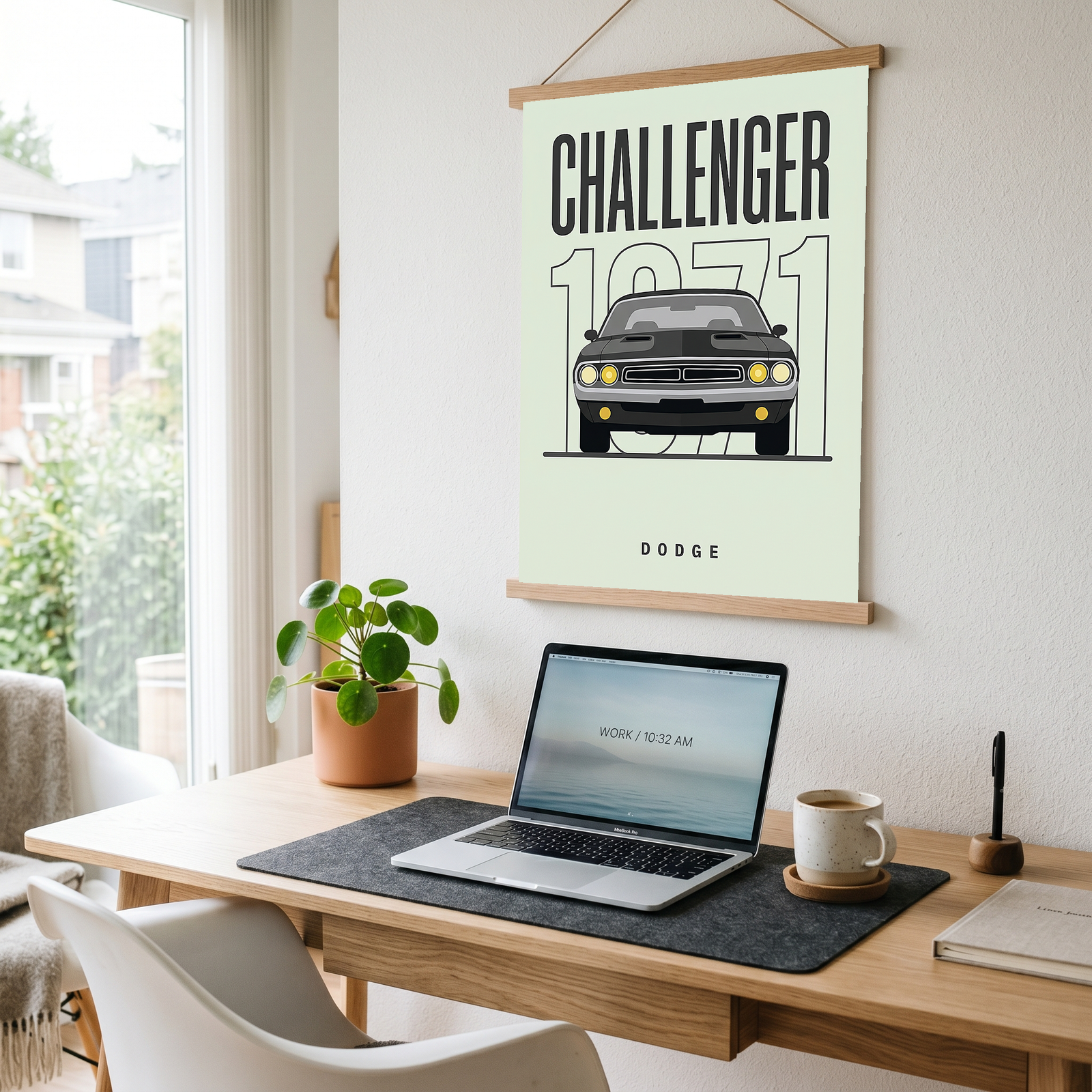 Dodge Challenger 1971 Minimalist Poster — Mint Sage Muscle Car Line Art