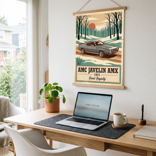 AMC Javelin AMX 1971 V2 Poster — Vintage Muscle Winter Snow Birch Forest Print