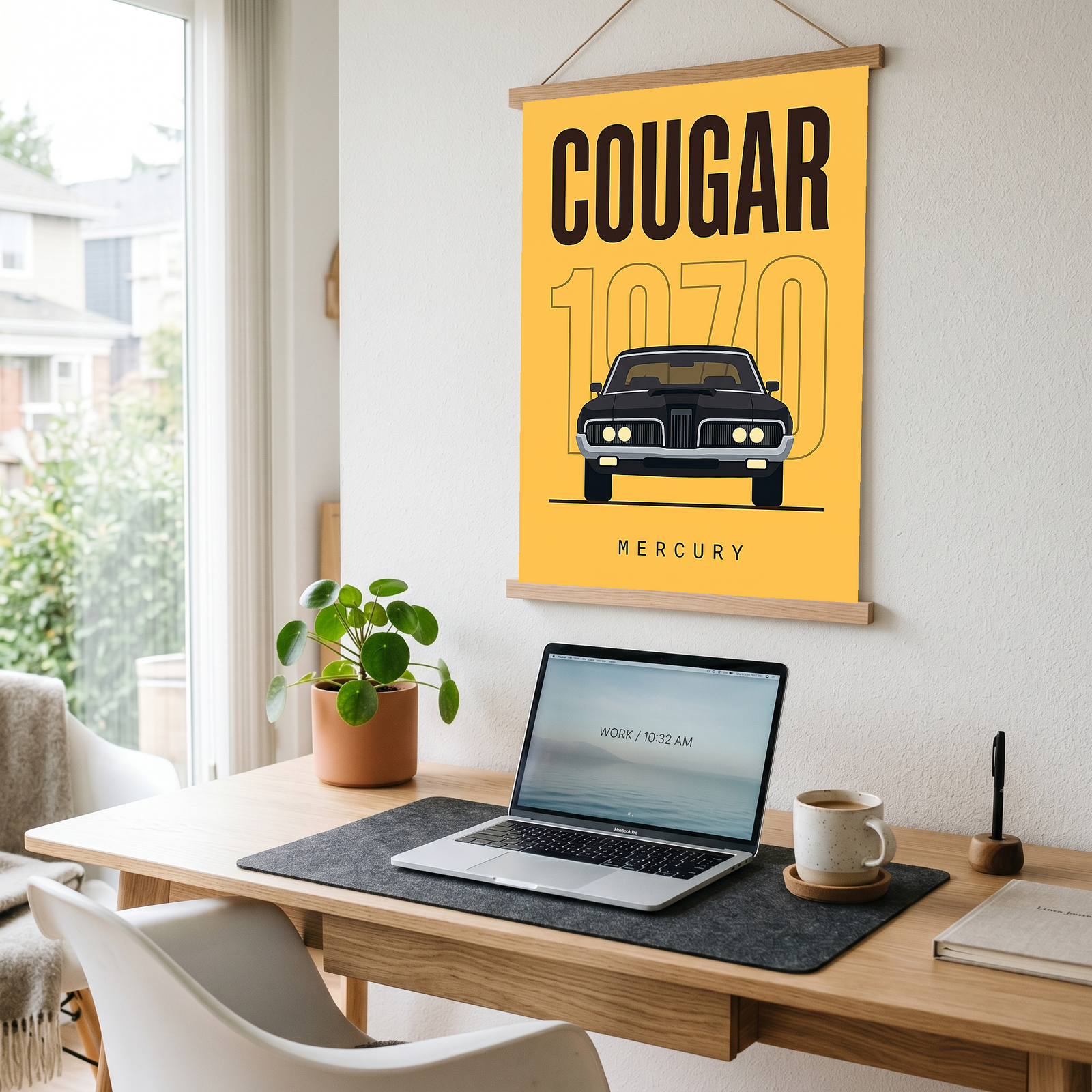Mercury Cougar 1970 Minimalist Poster — Golden Yellow Muscle Car Line Art