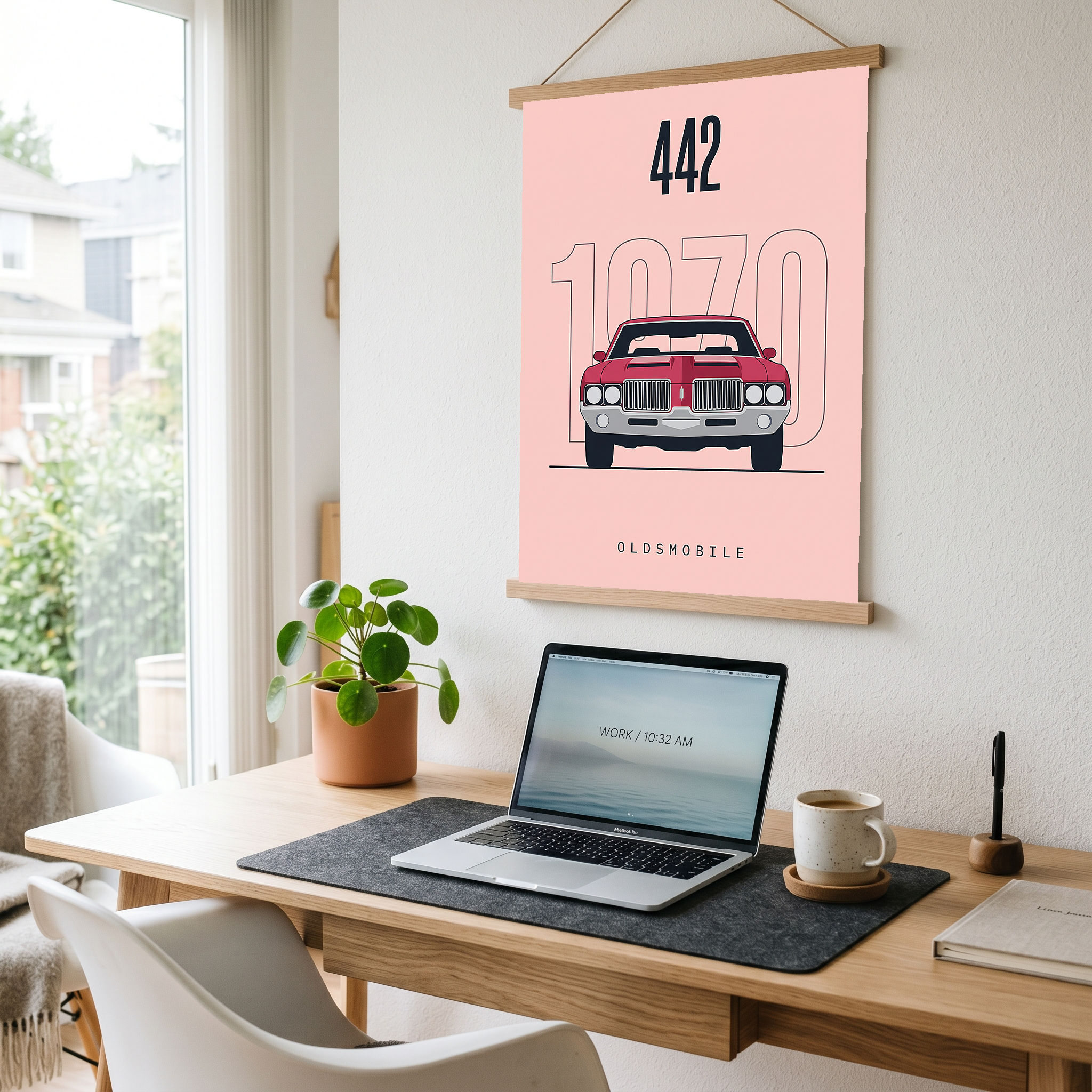 Oldsmobile 442 1970 Minimalist Poster — Blush Pink Muscle Car Line Art