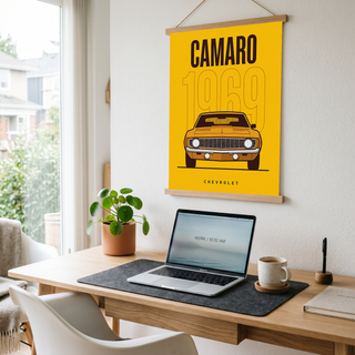 Chevrolet Camaro 1969 V2 Yellow Minimalist Poster — Muscle Car Line Art