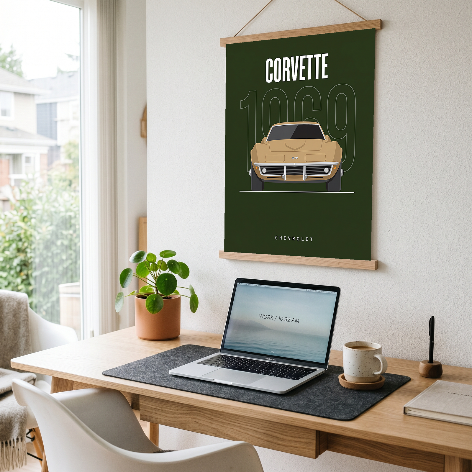 Chevrolet Corvette 1969 Minimalist Poster — Forest Green Muscle Car Line Art