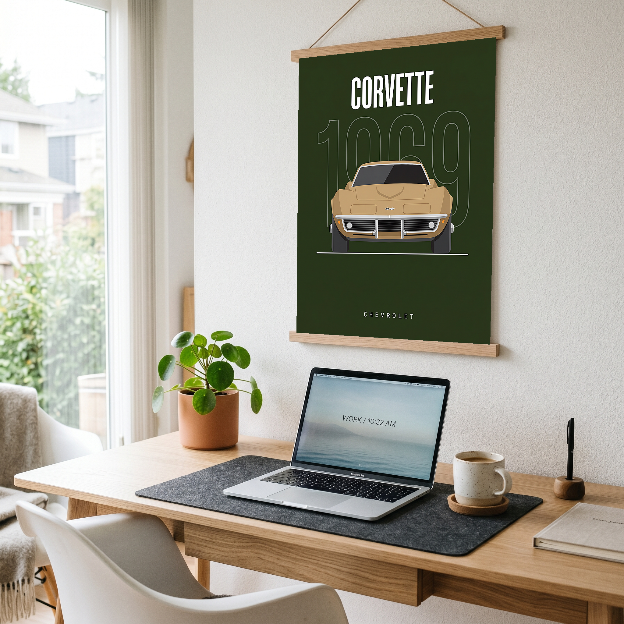 Chevrolet Corvette 1969 Minimalist Poster — Forest Green Muscle Car Line Art