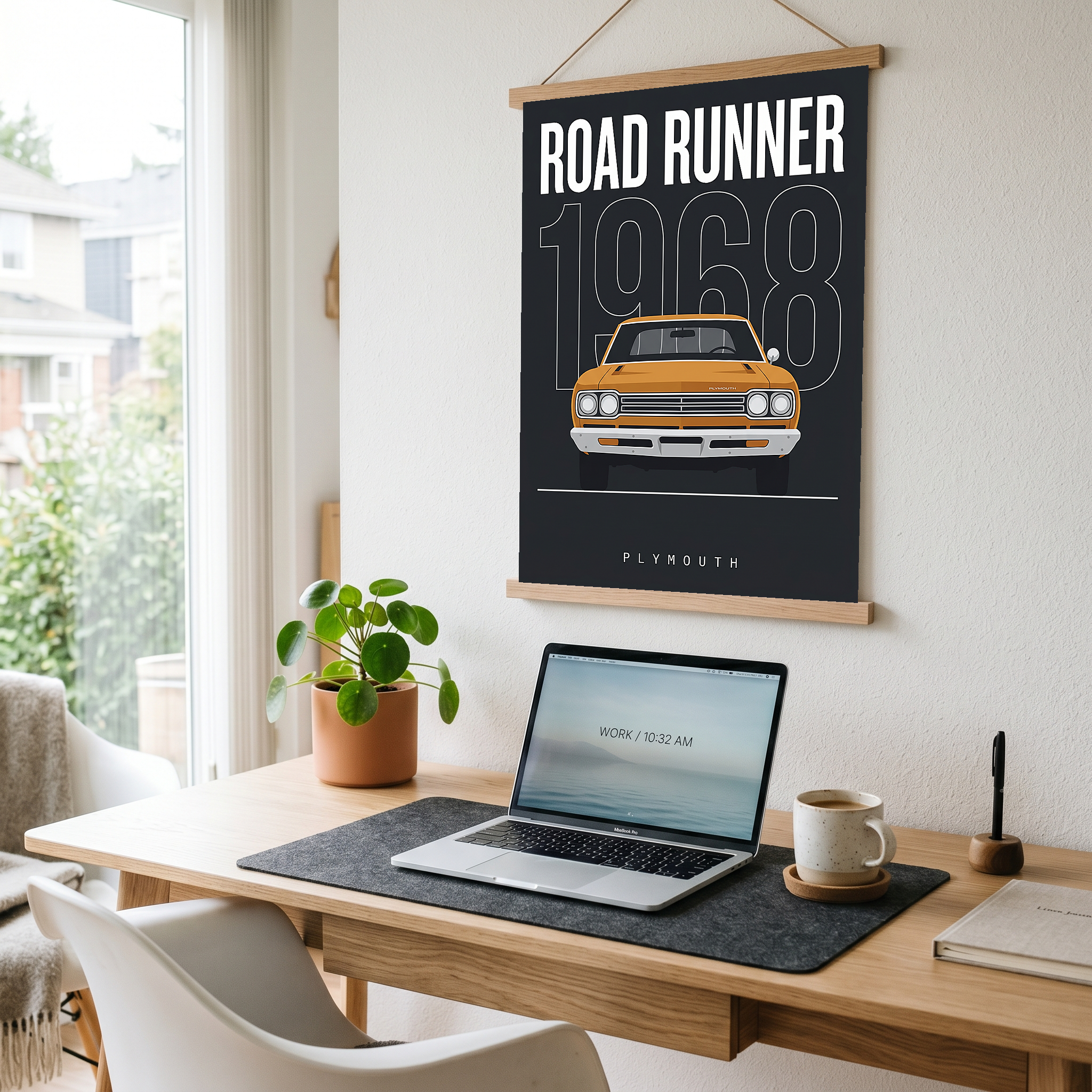 Plymouth Road Runner 1968 Minimalist Poster — Charcoal Muscle Car Line Art