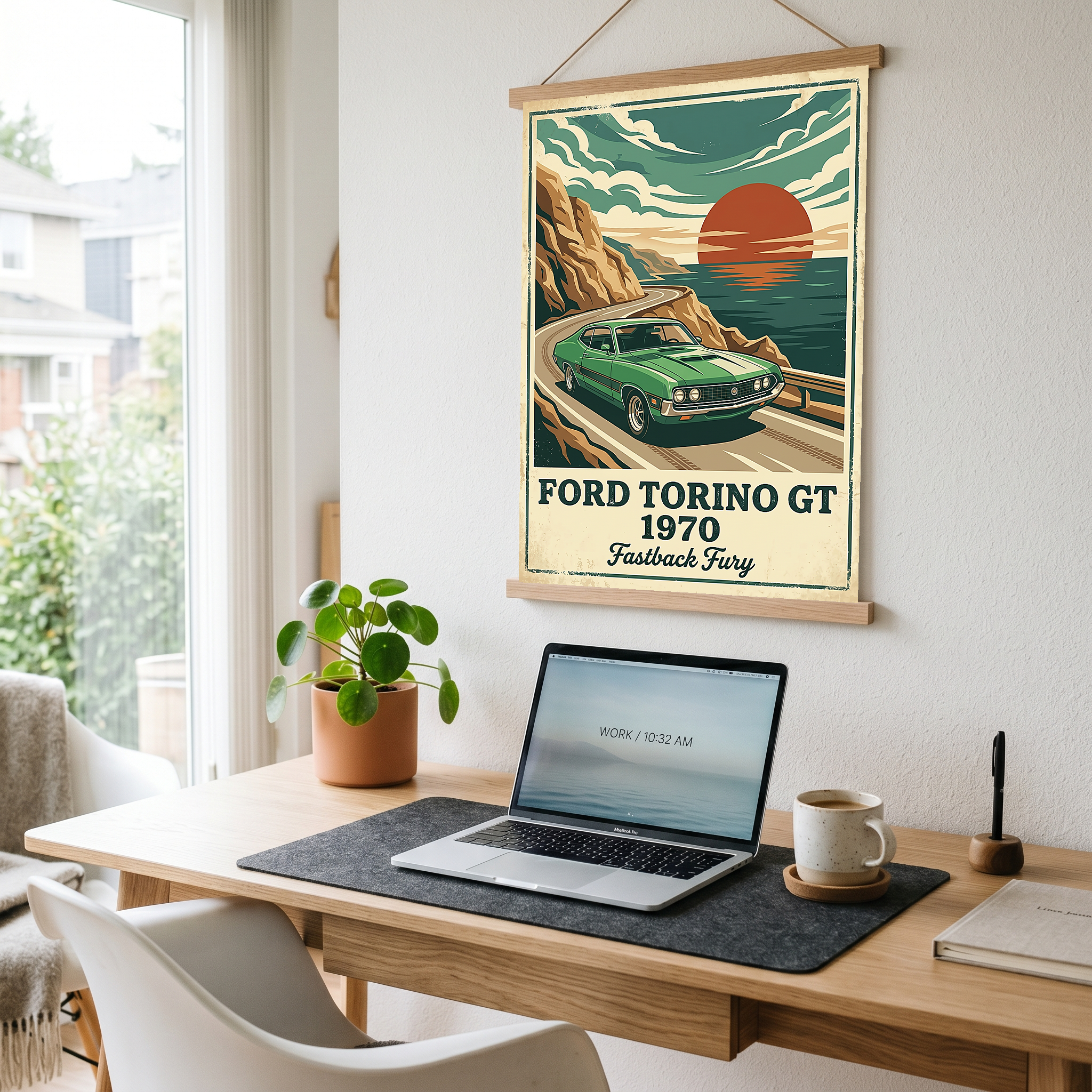 Ford Torino GT 1970 Poster — Vintage Muscle Car Coastal Cliff Sunset Print