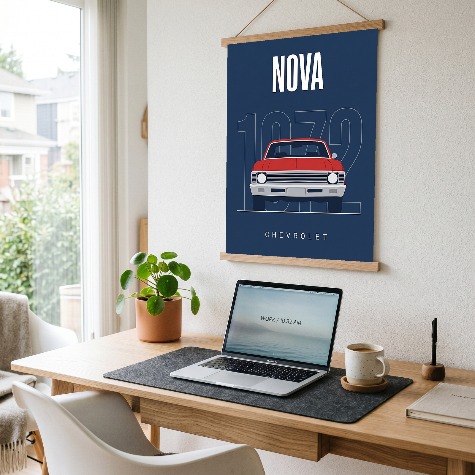 Chevrolet Nova 1972 Minimalist Poster — Red on Navy Compact Muscle Line Art