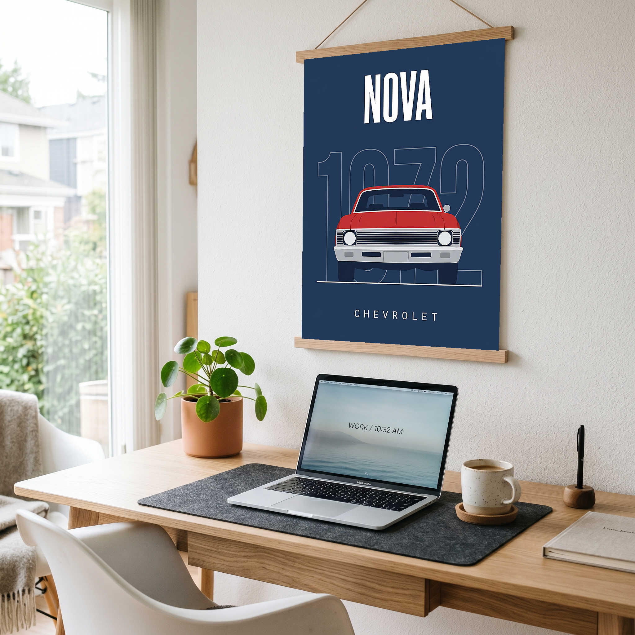 Chevrolet Nova 1972 Minimalist Poster — Red on Navy Compact Muscle Line Art