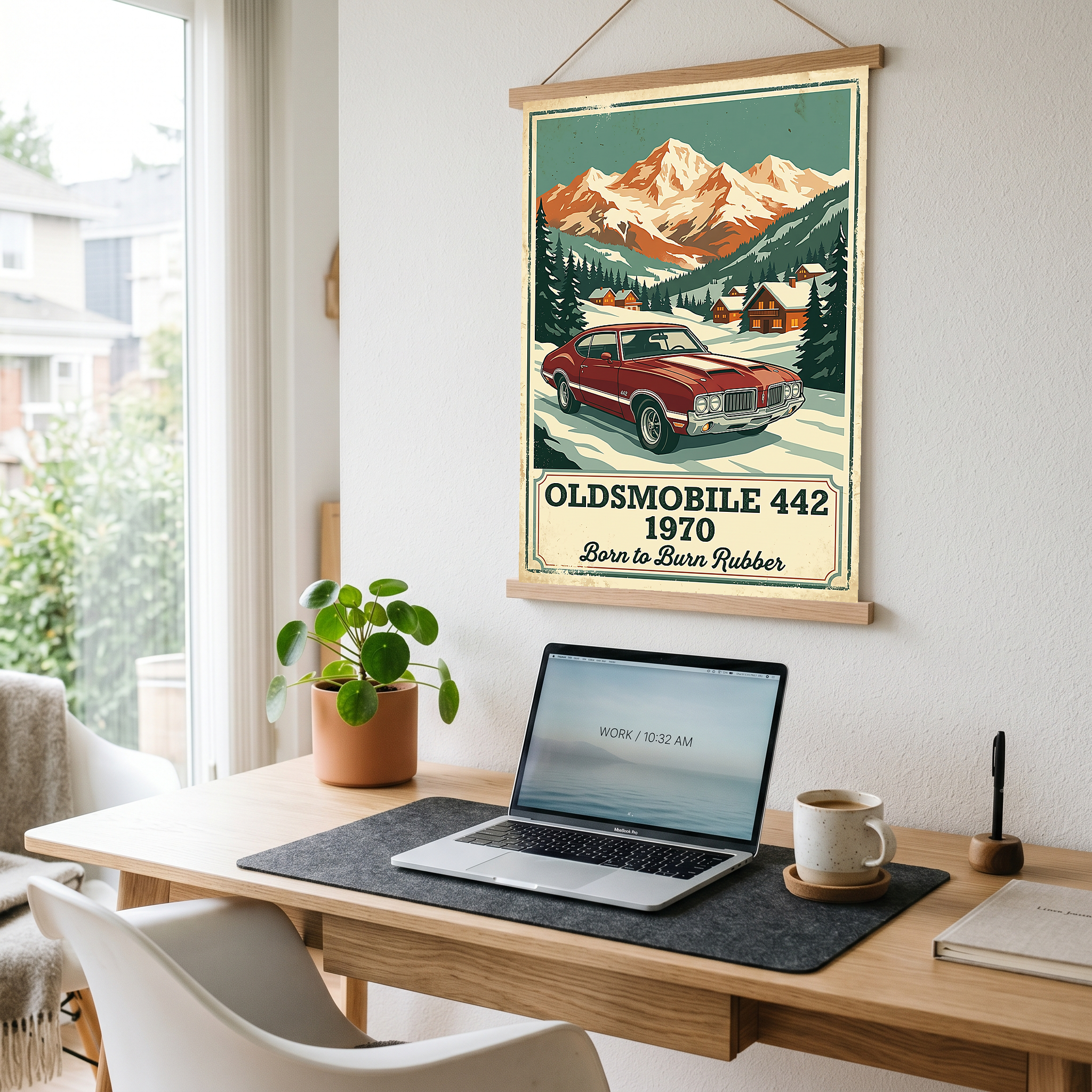 Oldsmobile 442 1970 V2 Poster — Vintage Muscle Winter Alpine Village Print