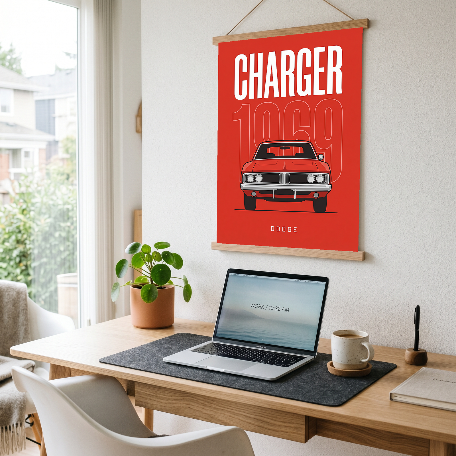 Dodge Charger 1969 Minimalist Poster — Red Muscle Car Line Art
