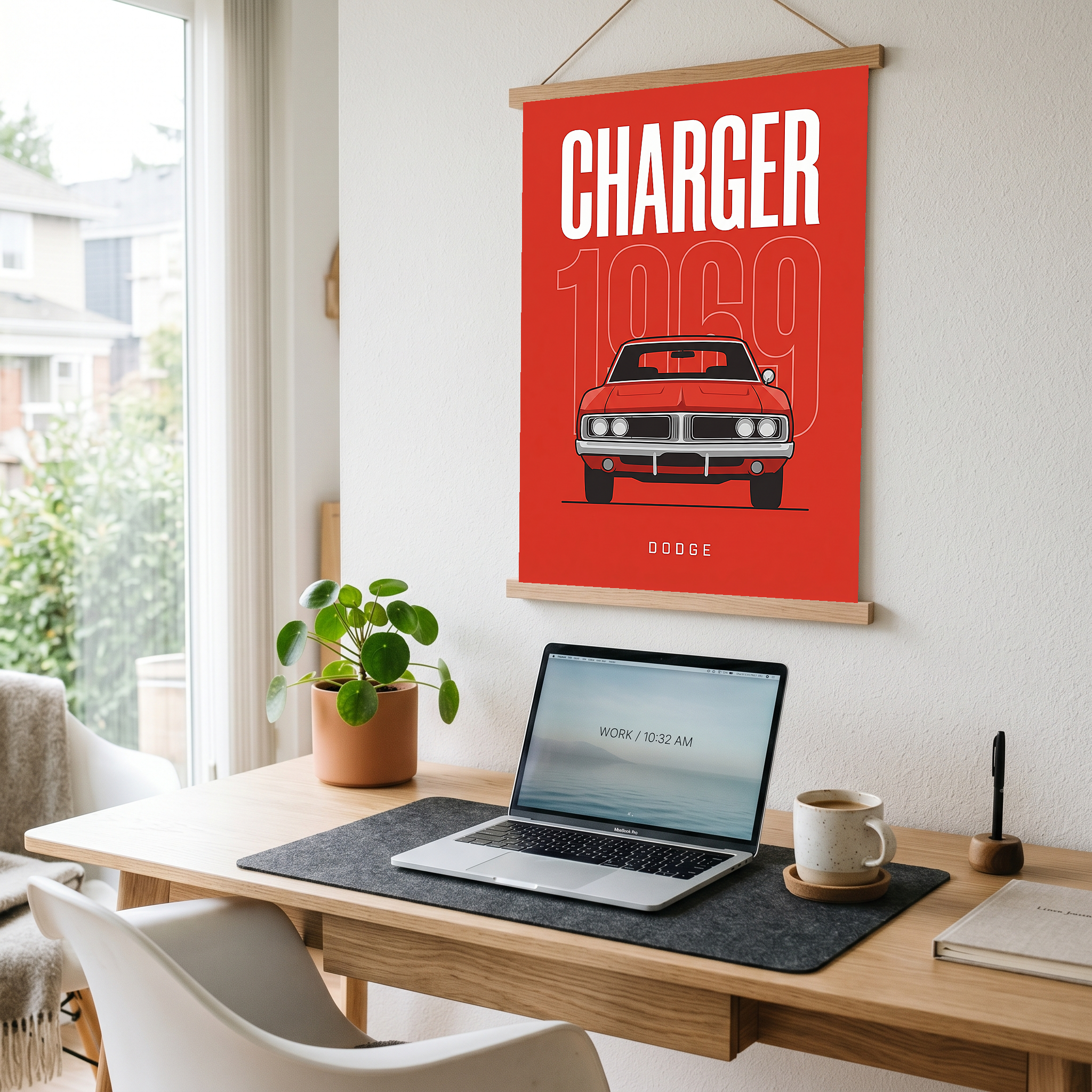 Dodge Charger 1969 Minimalist Poster — Red Muscle Car Line Art