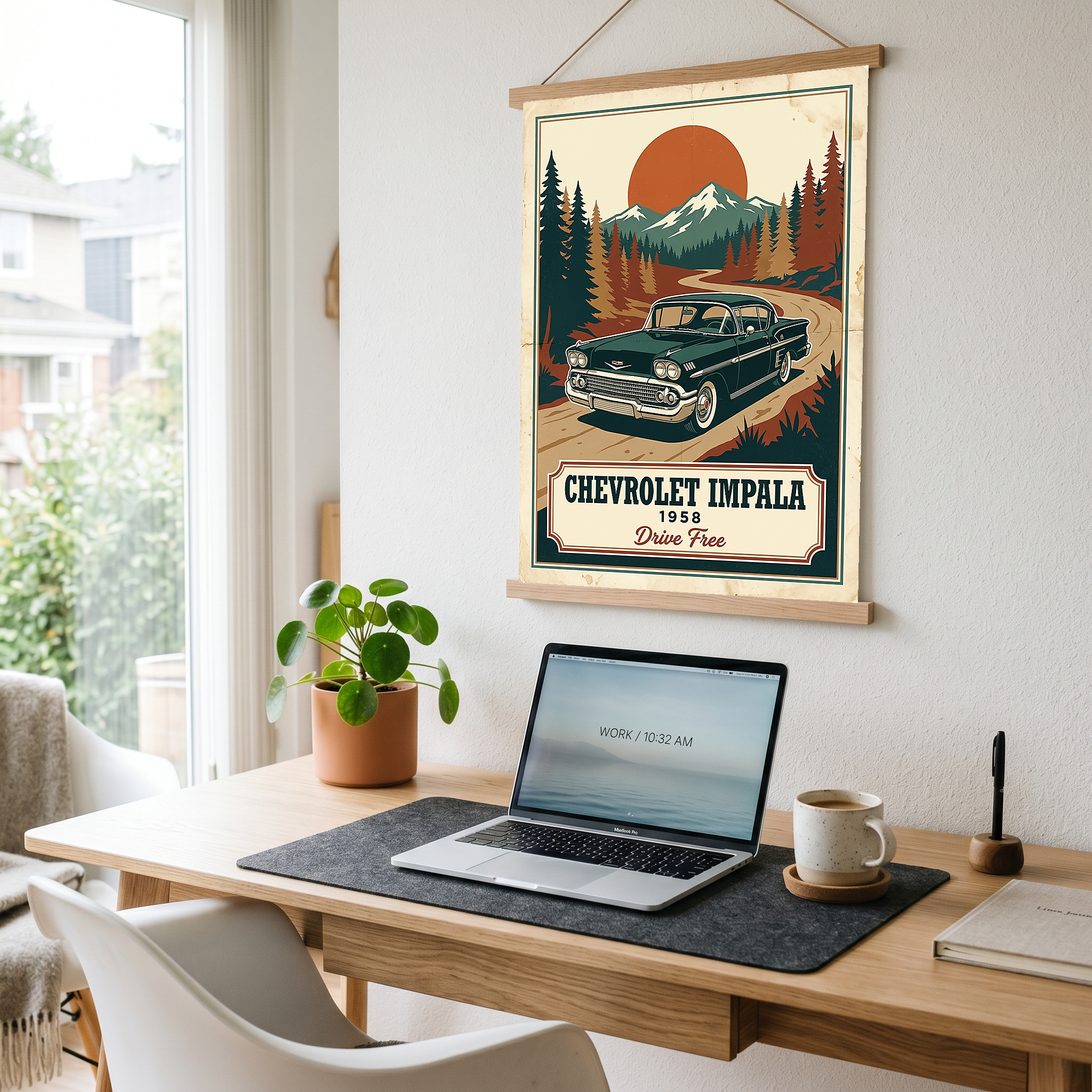 Chevrolet Impala 1958 Poster — Vintage Muscle Mountain Pine Sunset Print