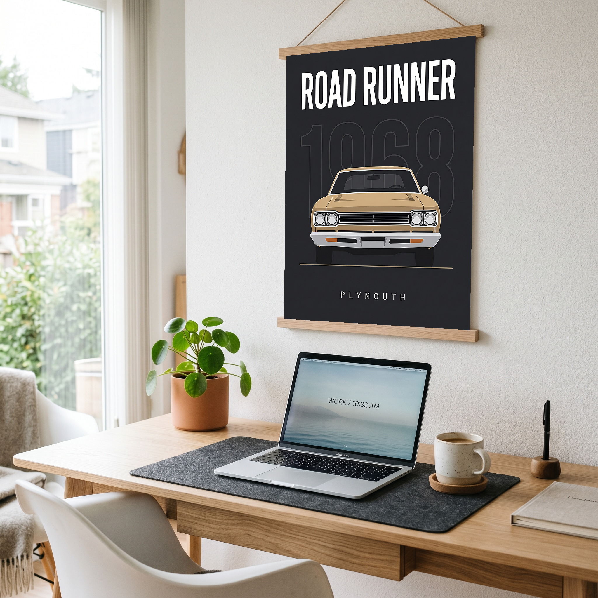 Plymouth Road Runner 1968 V2 Minimalist Poster — Sand on Charcoal Muscle Line Art