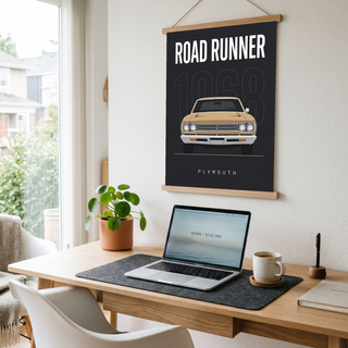 Plymouth Road Runner 1968 V2 Minimalist Poster — Sand on Charcoal Muscle Line Art