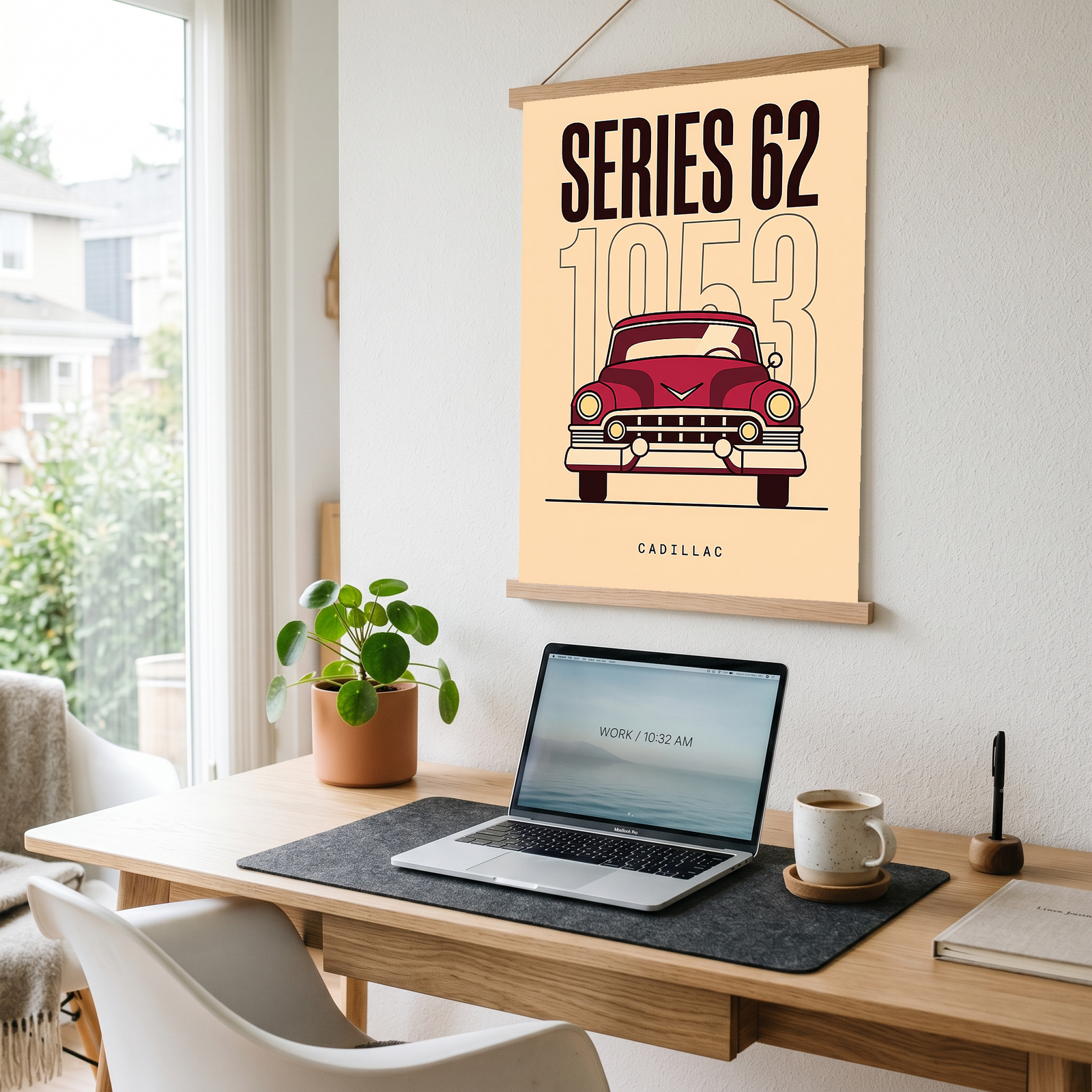 Cadillac Series 62 1953 Minimalist Poster — Cream Classic Car Line Art