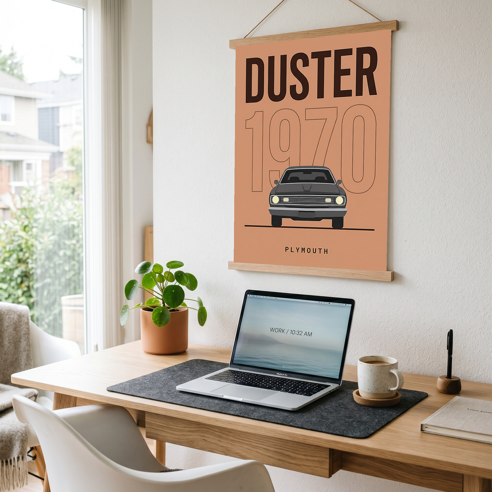 Plymouth Duster 1970 Minimalist Poster — Terracotta Muscle Car Line Art