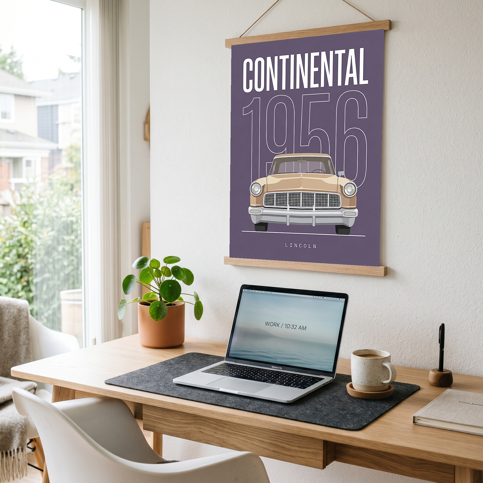 Lincoln Continental 1956 Minimalist Poster — Purple Classic Car Line Art