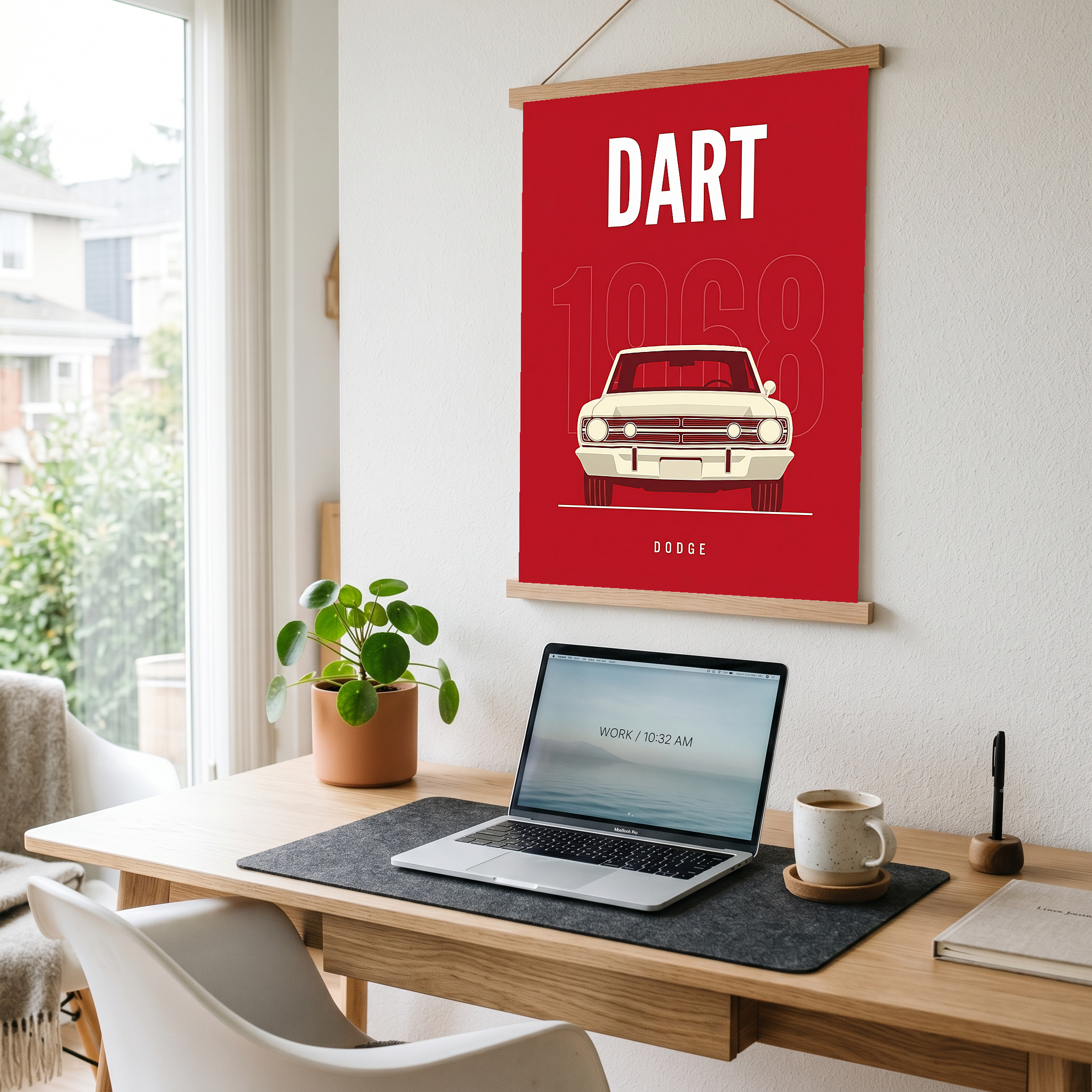 Dodge Dart 1968 Minimalist Poster — Ivory on Cherry Red Muscle Line Art