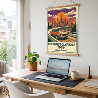Chevrolet Camaro SS 1969 Poster — Vintage Muscle Car City Skyline Print