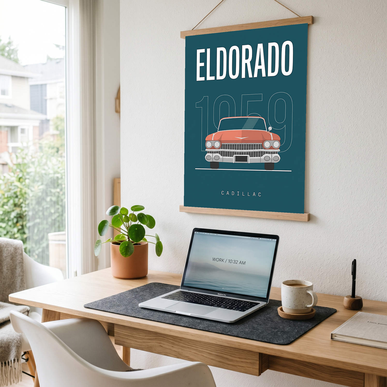 Cadillac Eldorado 1959 Minimalist Poster — Teal Tail-Fin Classic Line Art
