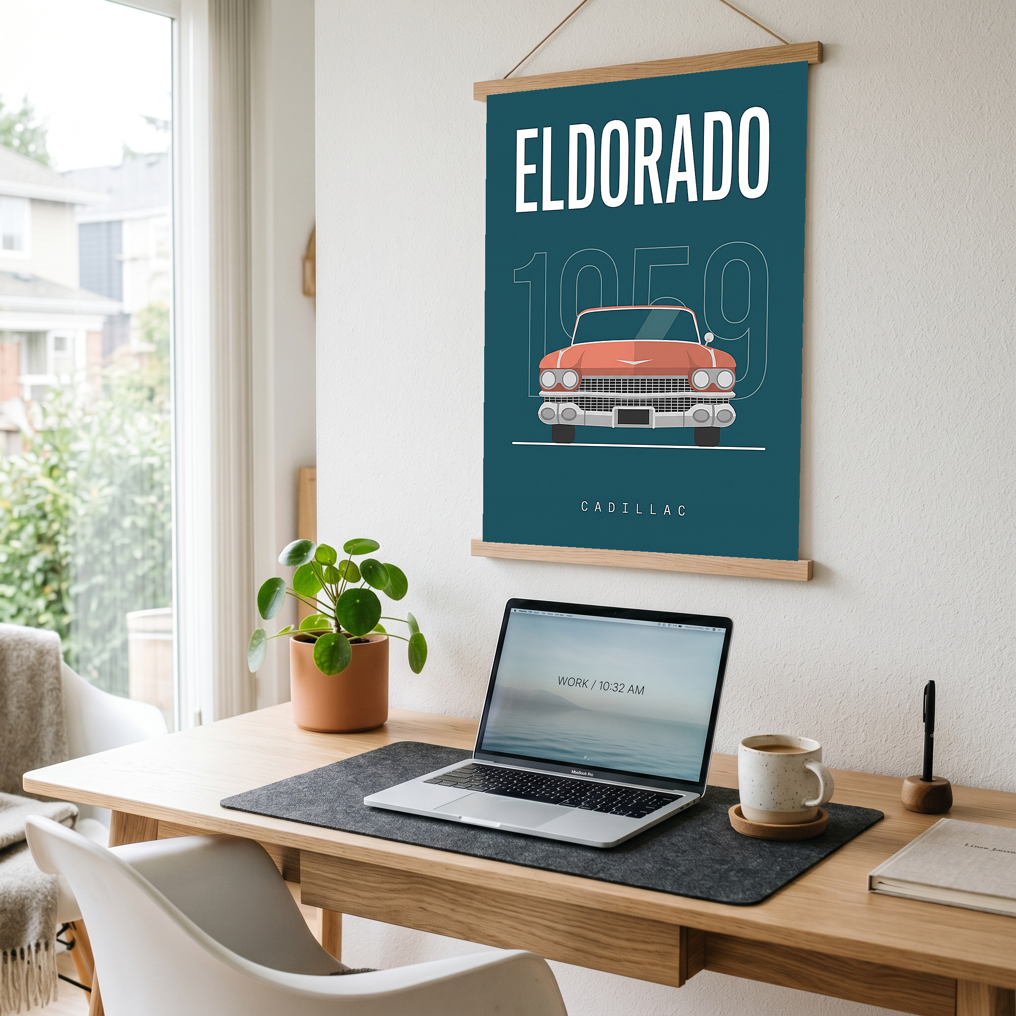 Cadillac Eldorado 1959 Minimalist Poster — Teal Tail-Fin Classic Line Art