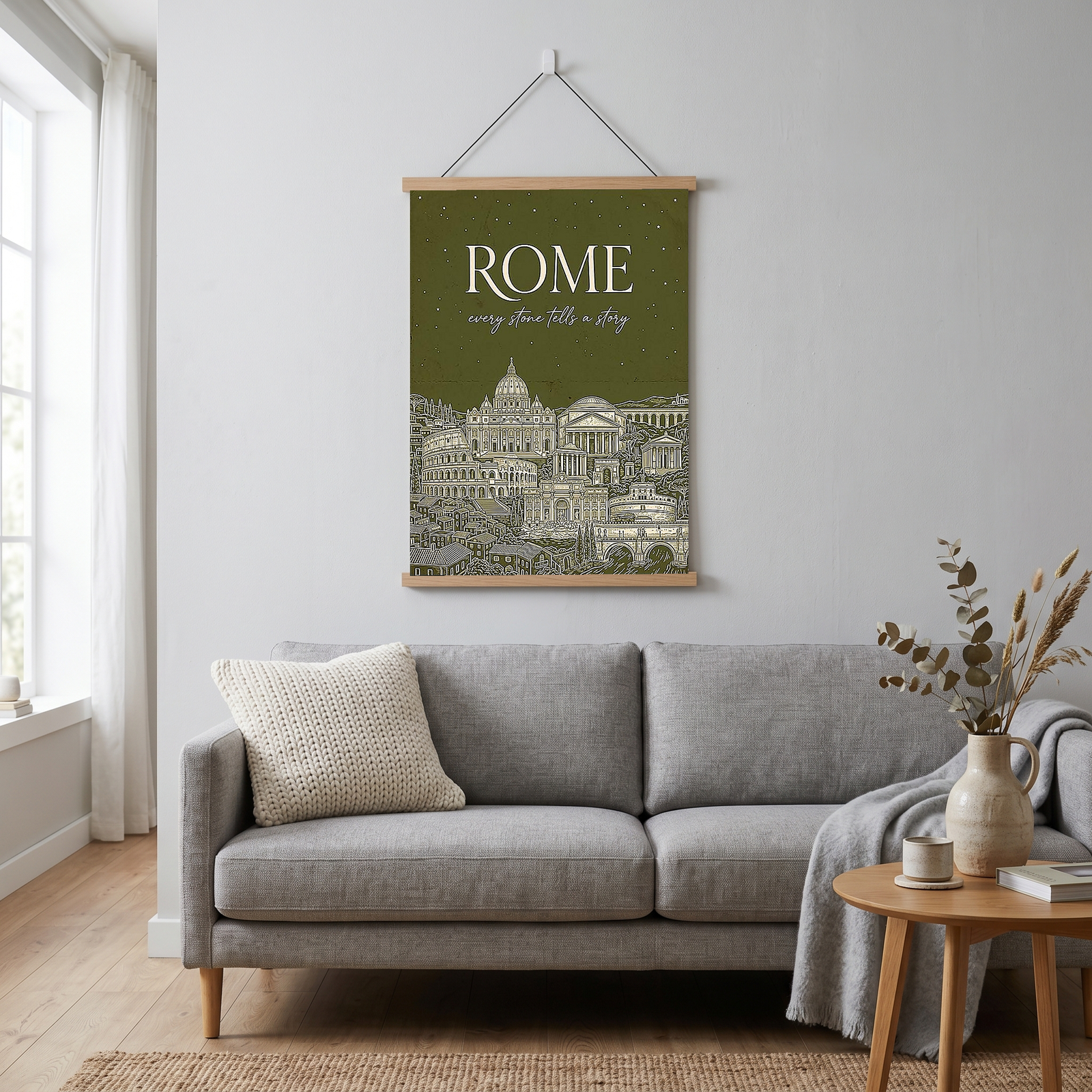 Rome Line Art Print — Olive Green Colosseum Vatican Skyline Wall Art