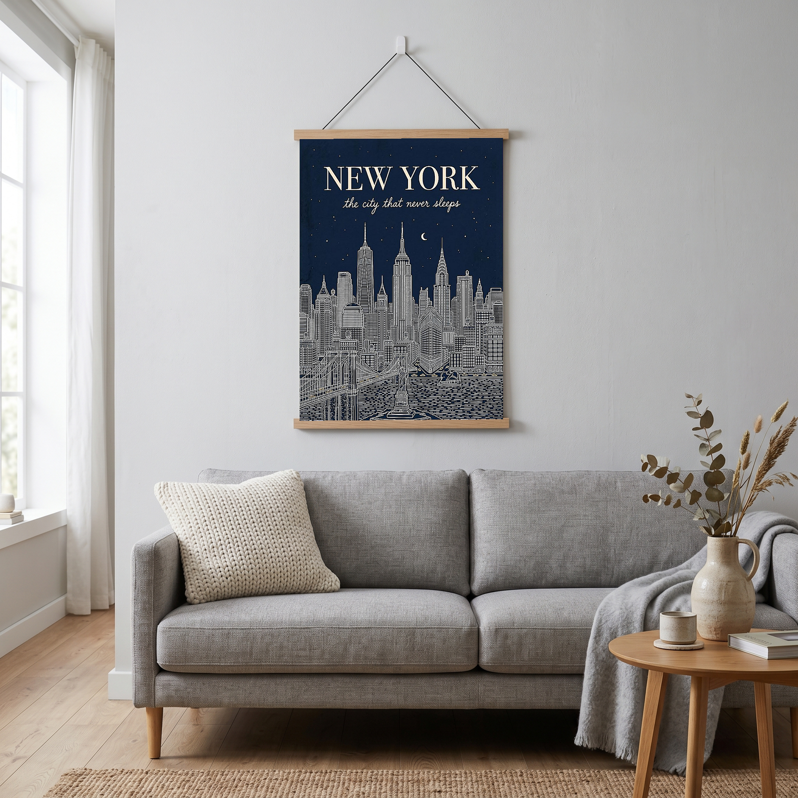 New York Line Art Print — Navy Manhattan Skyline Empire State Brooklyn Bridge Wall Art