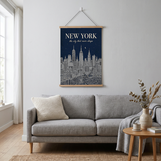 New York Line Art Print — Navy Manhattan Skyline Empire State Brooklyn Bridge Wall Art