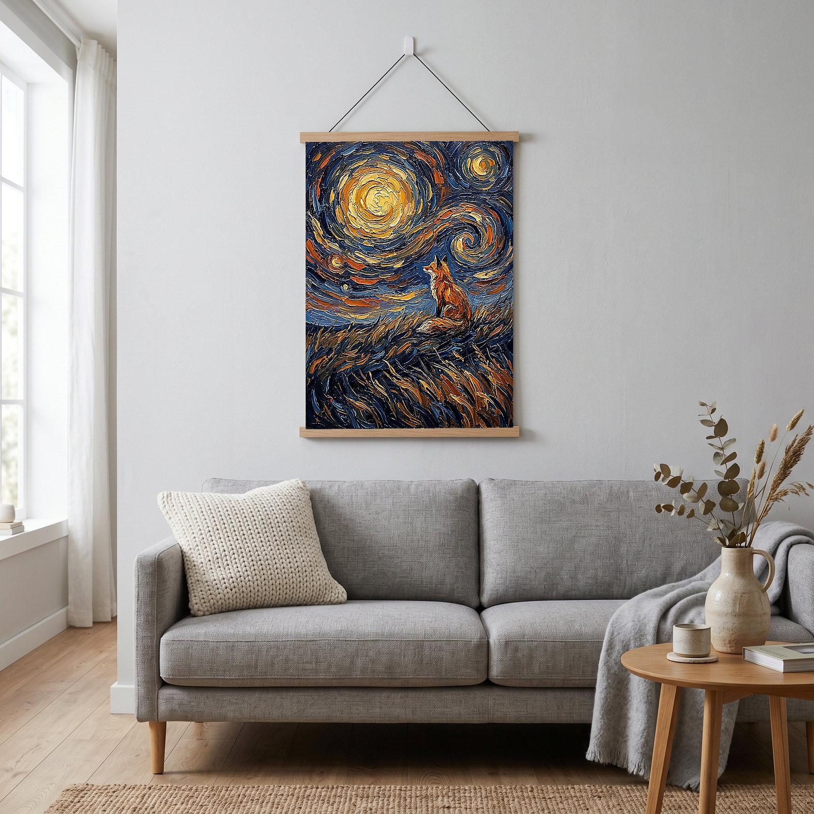 Lone Fox Starry Night Print — Van Gogh-Style Wildlife Hillside Wall Art