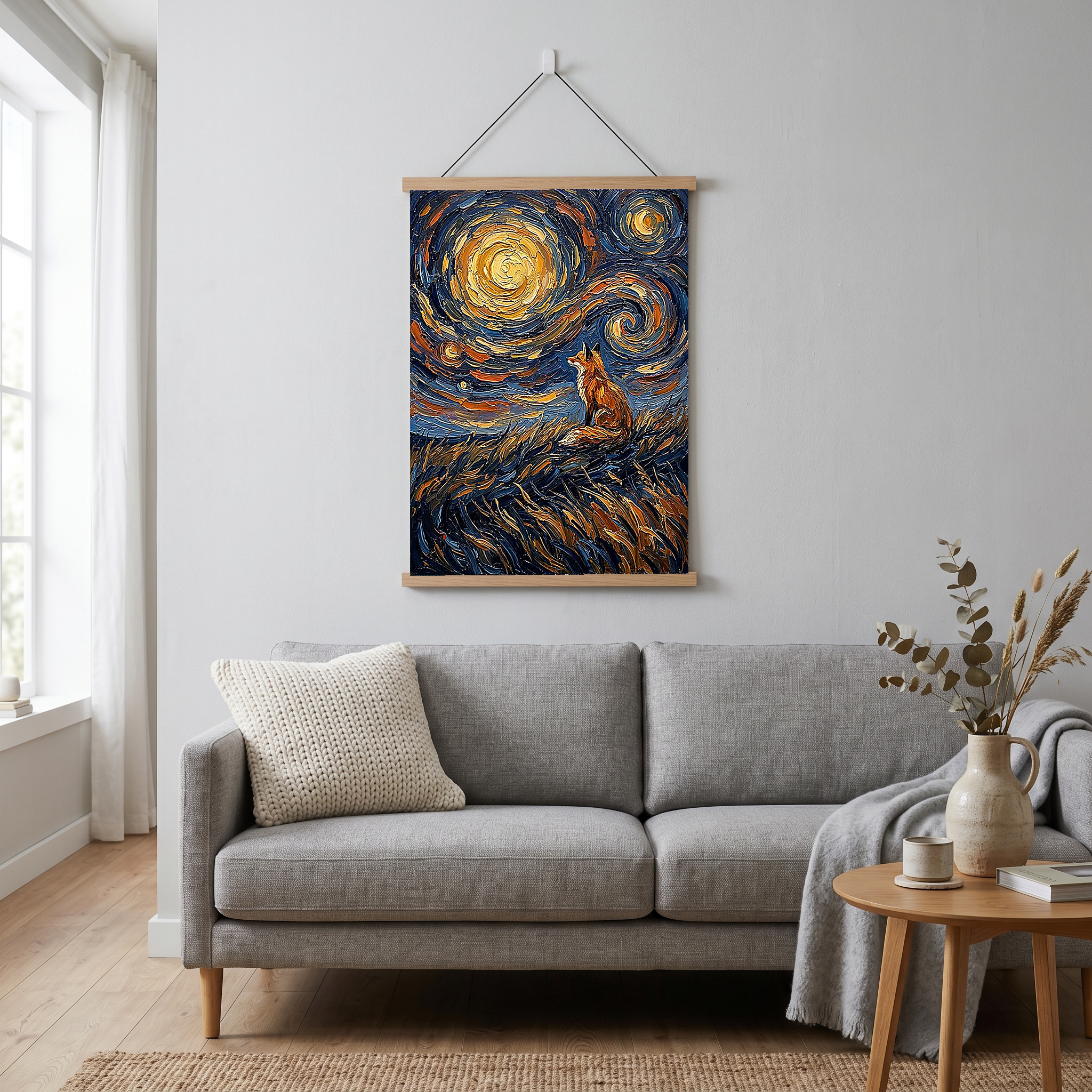 Lone Fox Starry Night Print — Van Gogh-Style Wildlife Hillside Wall Art