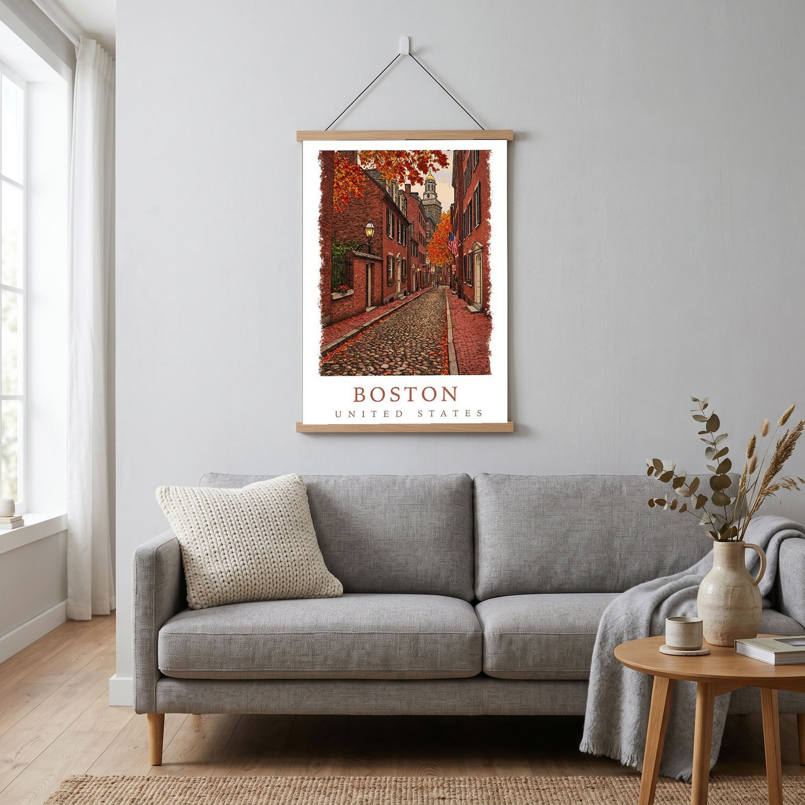 Boston USA Travel Poster — Acorn Street Beacon Hill Fall Foliage Print