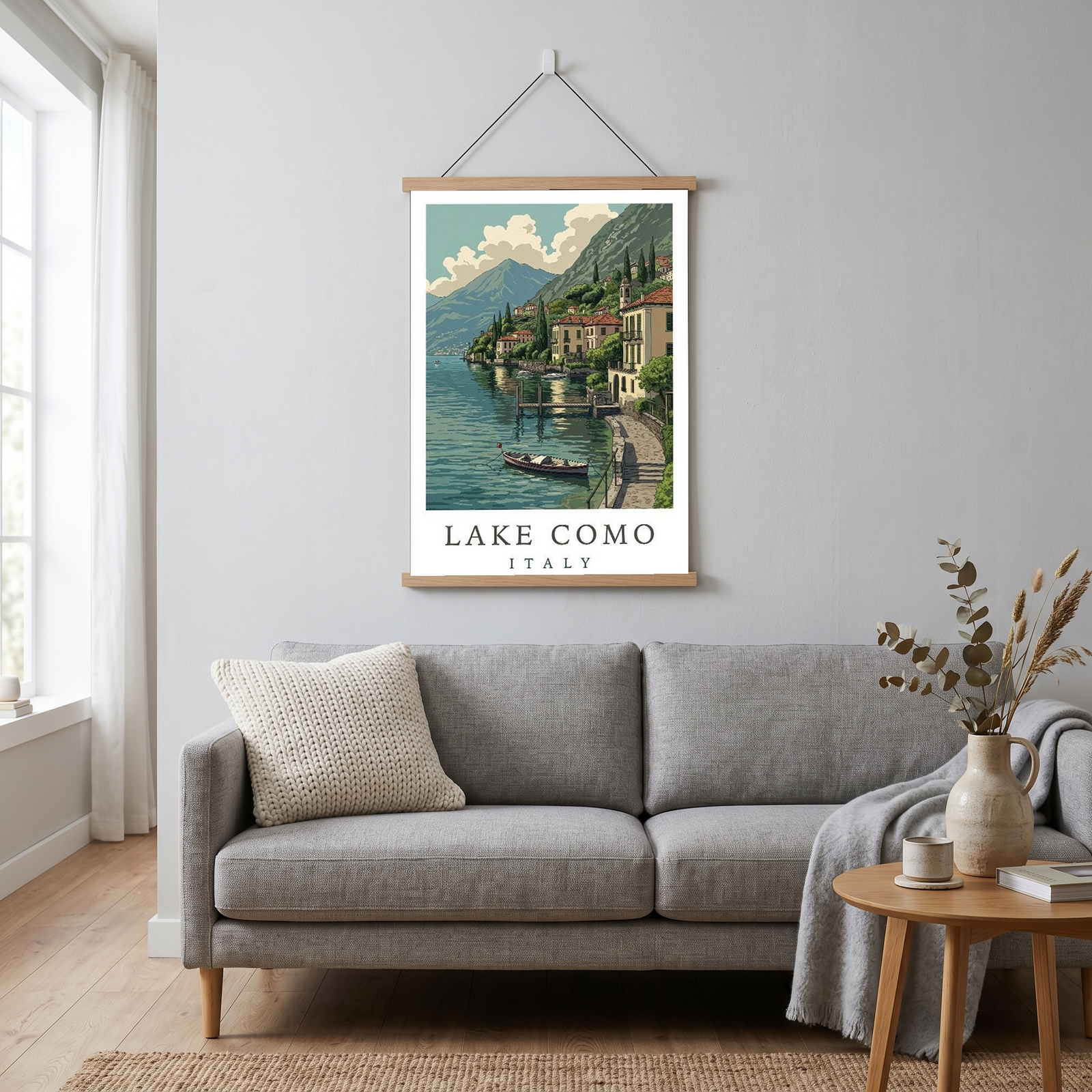 Lake Como Italy Travel Poster — Lakeside Village Boat Landscape Print