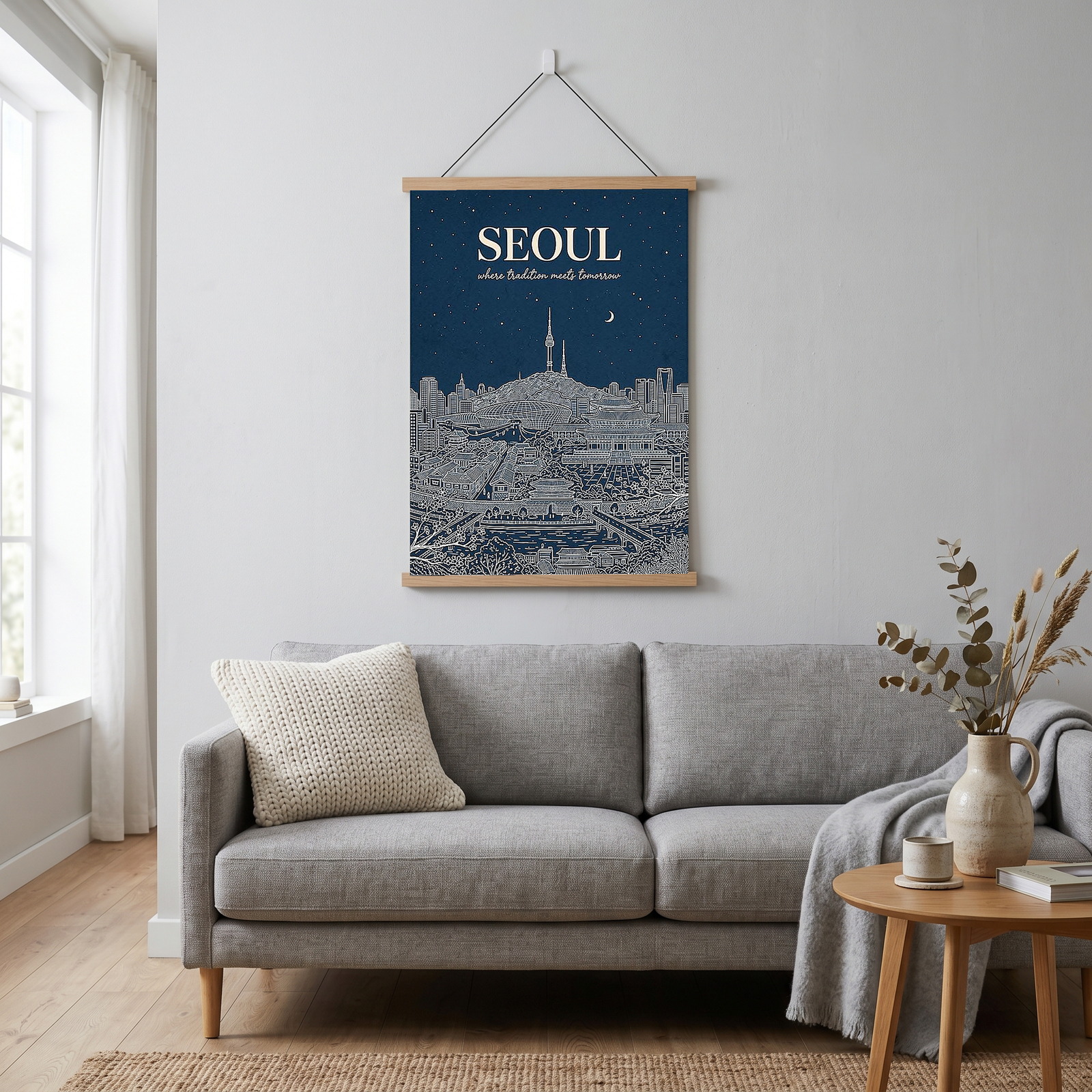 Seoul Line Art Print — Navy N Seoul Tower Gyeongbokgung Palace Skyline Wall Art