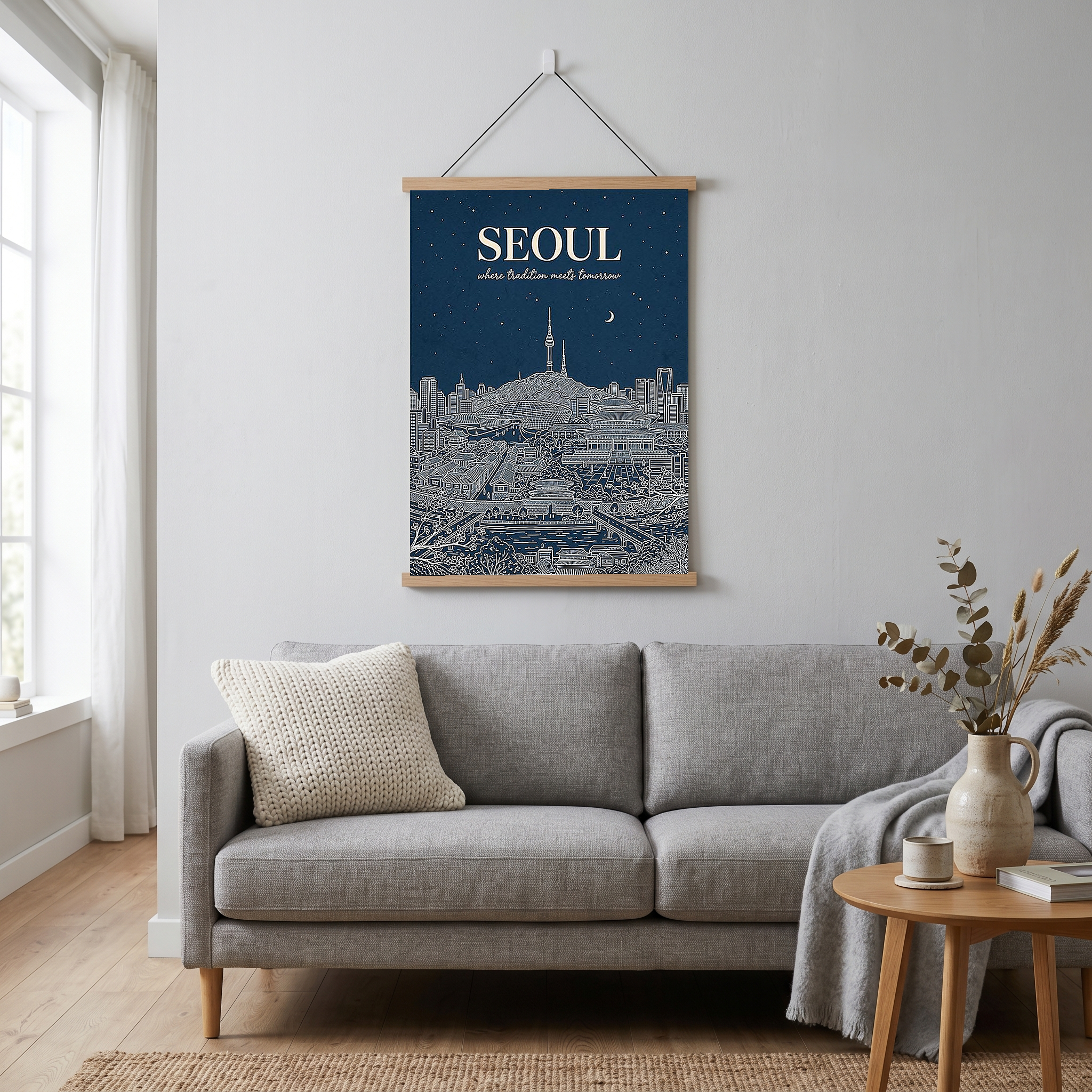 Seoul Line Art Print — Navy N Seoul Tower Gyeongbokgung Palace Skyline Wall Art