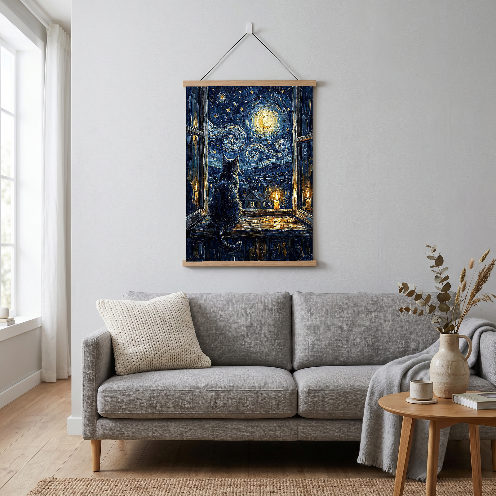 Cat at Candlelit Window Print — Van Gogh Starry Night Village Wall Art