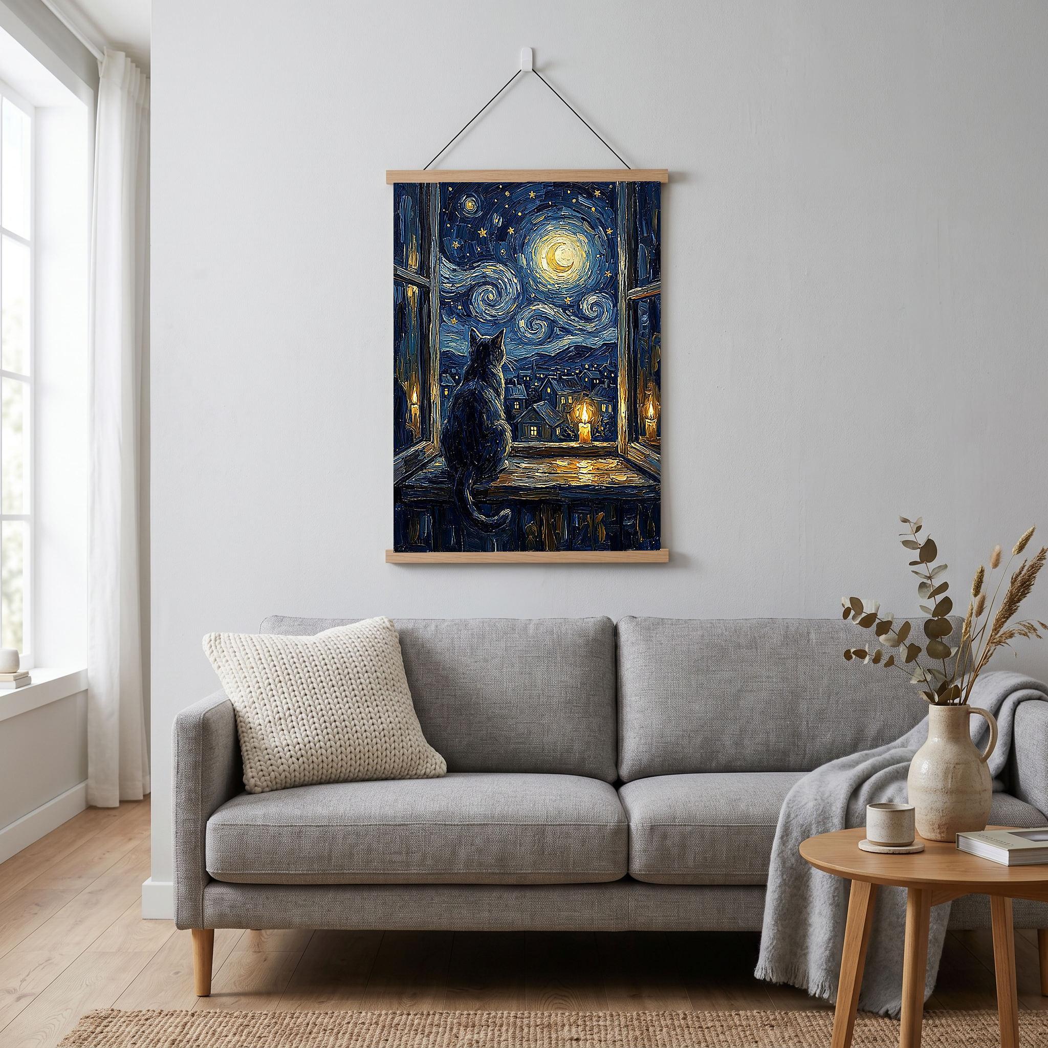 Cat at Candlelit Window Print — Van Gogh Starry Night Village Wall Art