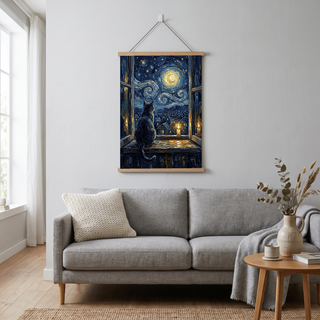 Cat at Candlelit Window Print — Van Gogh Starry Night Village Wall Art