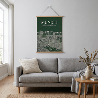 Munich Line Art Print — Forest Green Frauenkirche Marienplatz Skyline Wall Art