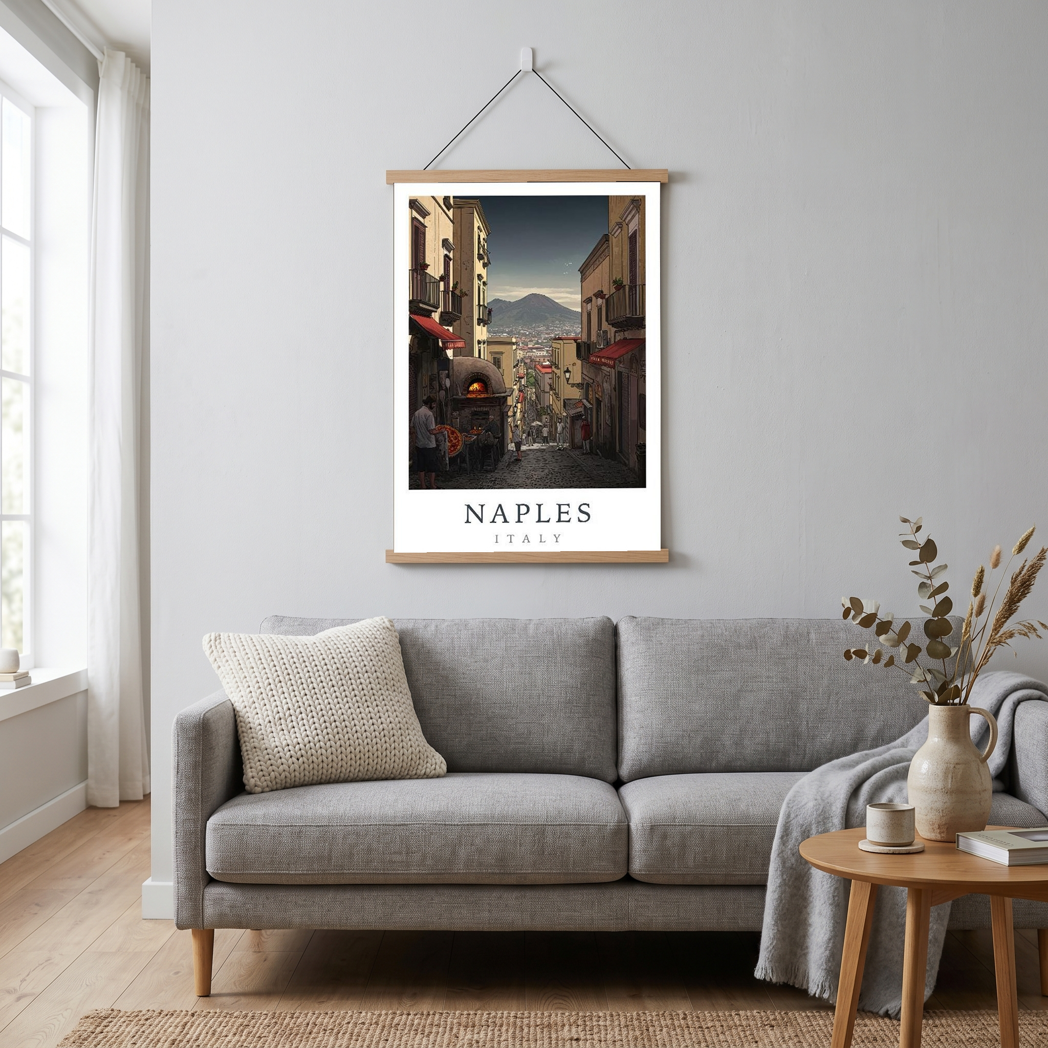 Naples Italy Travel Poster — Vesuvius Pizza Street Scene Print