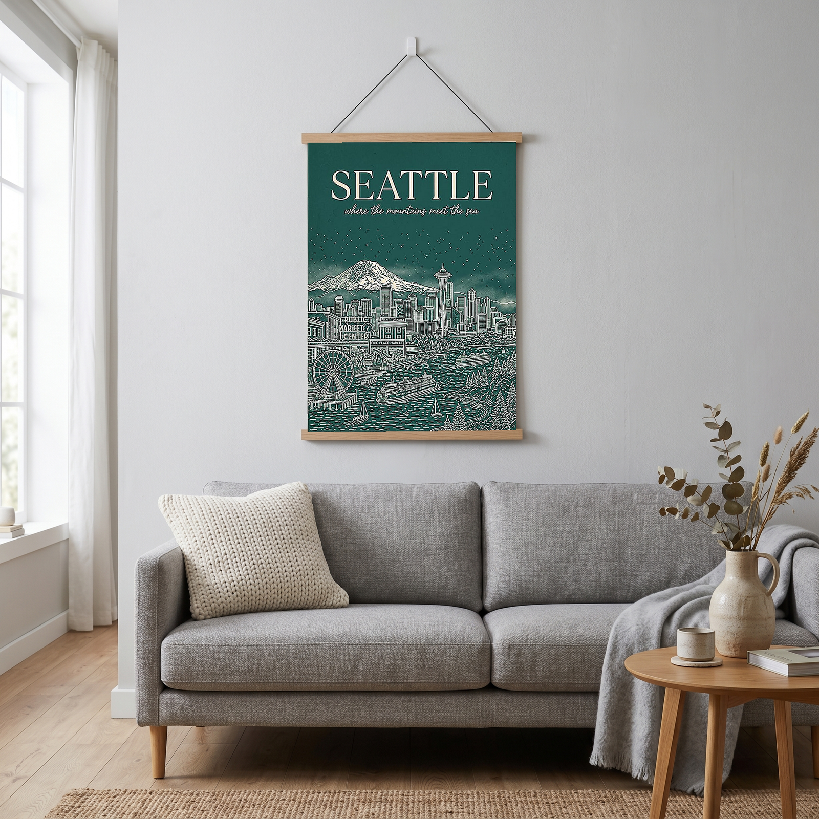 Seattle Line Art Travel Poster — Mount Rainier Cityscape Pacific Northwest Print
