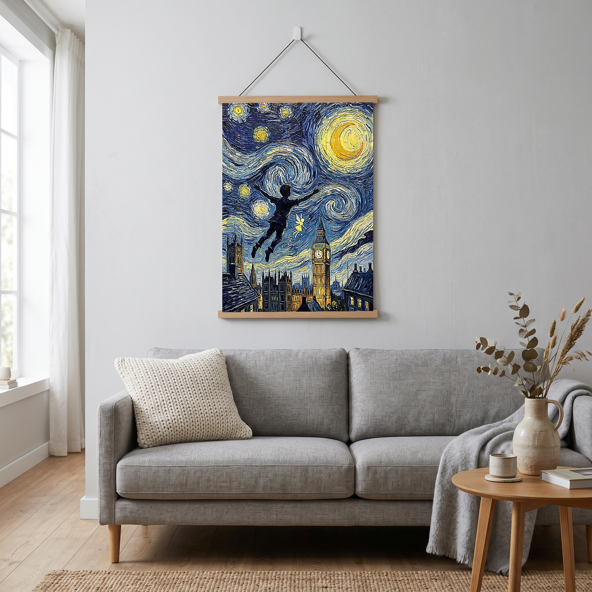 Peter Pan London Starry Night Print — Big Ben Van Gogh-Style Nursery Wall Art