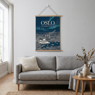 Oslo Line Art Print — Navy Opera House Fjord Aurora Borealis Skyline Wall Art