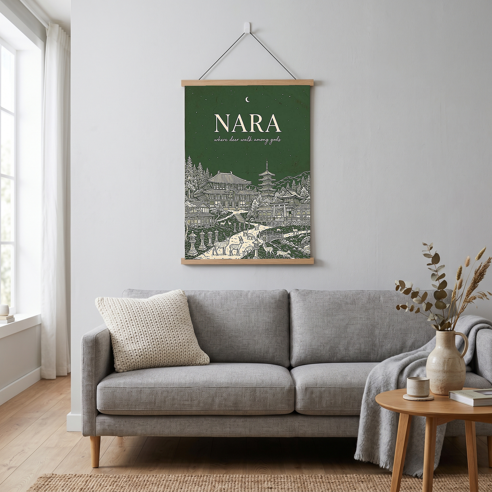 Nara Line Art Print — Forest Green Tōdai-ji Temple Pagoda Deer Wall Art