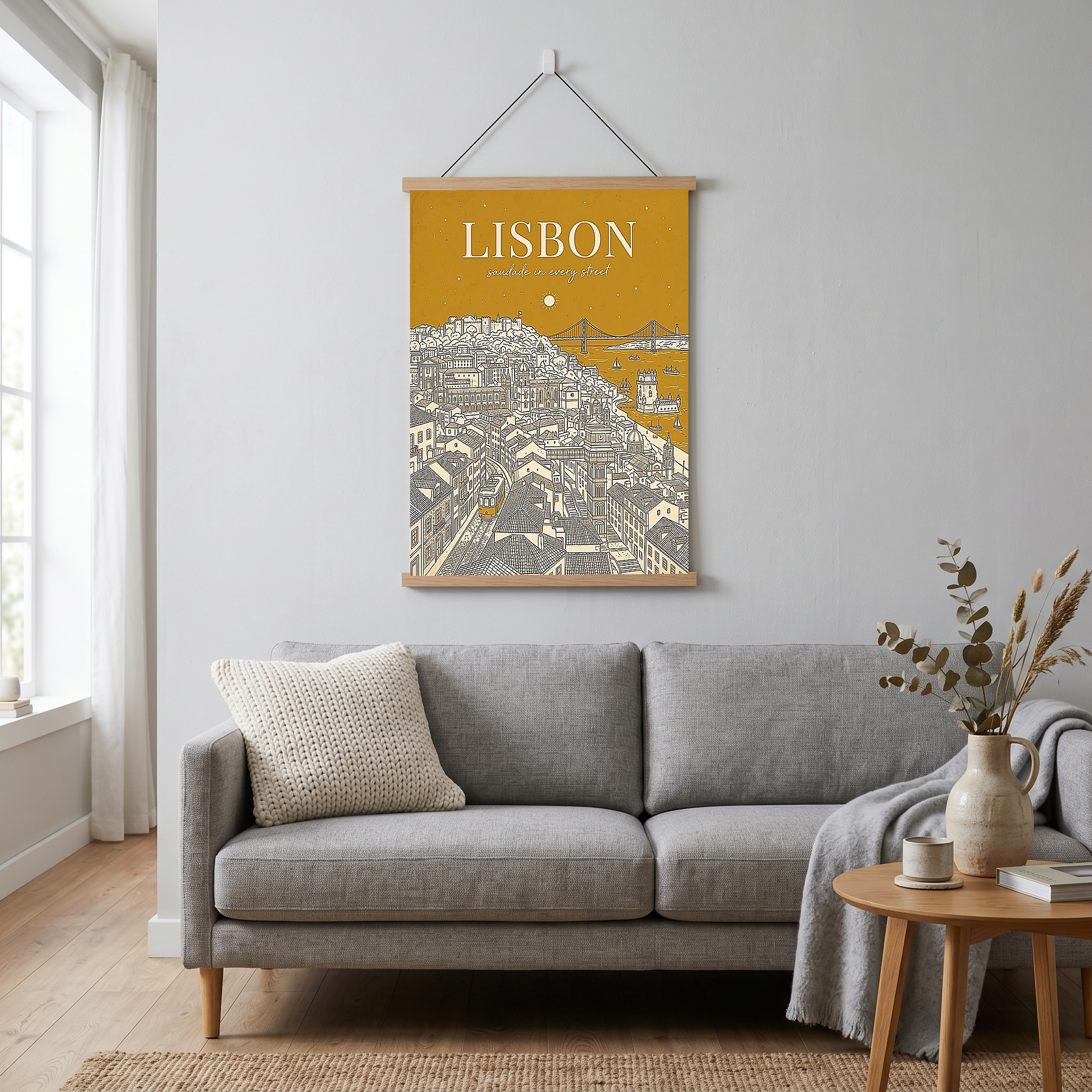 Lisbon Line Art Print — Mustard Yellow Tram Belém Tower Skyline Wall Art