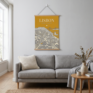 Lisbon Line Art Print — Mustard Yellow Tram Belém Tower Skyline Wall Art