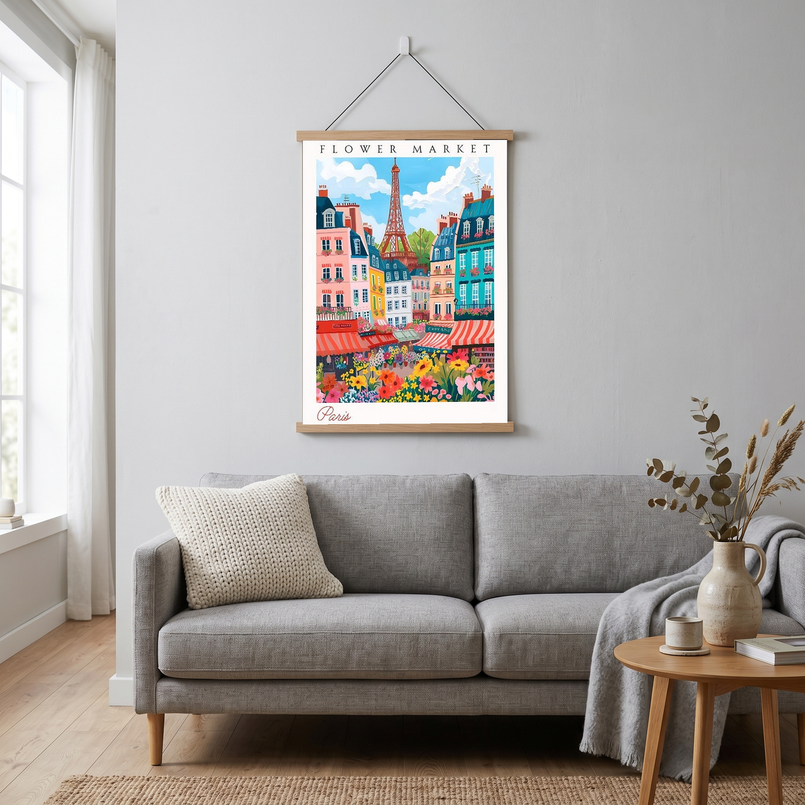 Paris Flower Market Print — Eiffel Tower Cityscape French Botanical Art