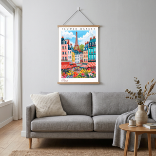 Paris Flower Market Print — Eiffel Tower Cityscape French Botanical Art