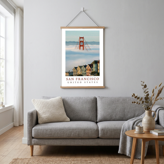 San Francisco Travel Poster — Golden Gate Bridge Painted Ladies Print