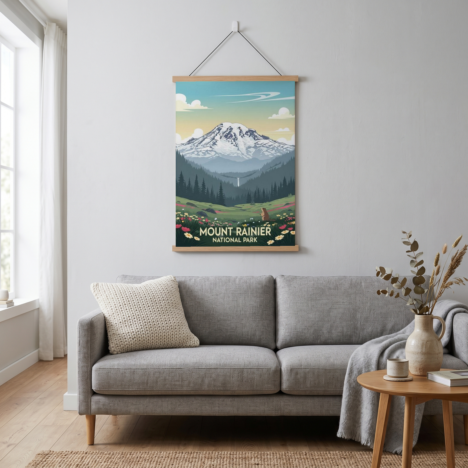 Mount Rainier National Park Poster — Vintage Washington Wildflower Marmot Print