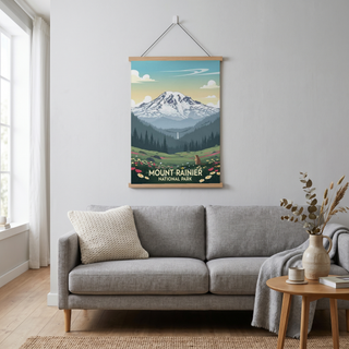 Mount Rainier National Park Poster — Vintage Washington Wildflower Marmot Print